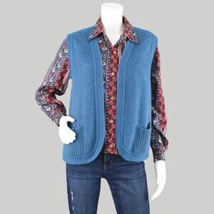Vintage 70s Blue Fuzzy Open Front Terry Cloth Sweater Vest Women's Petite Medium